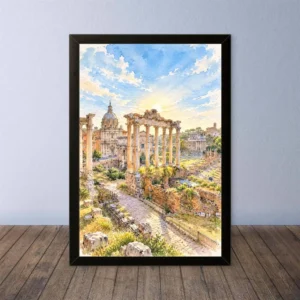 Cornice Quadro Disegno Acquarello su Roma (Colosseo, Piazza di Spagna, Vaticano) – Arte [S4] 042
