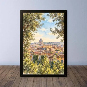Cornice Quadro Disegno Acquarello su Roma (Colosseo, Piazza di Spagna, Vaticano) – Arte [S4] 043