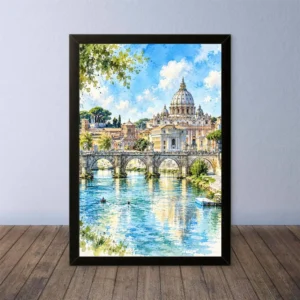 Cornice Quadro Disegno Acquarello su Roma (Colosseo, Piazza di Spagna, Vaticano) – Arte [S4] 044