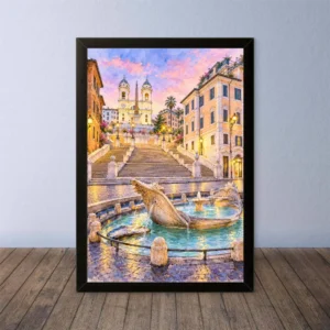Cornice Quadro Disegno Acquarello su Roma (Colosseo, Piazza di Spagna, Vaticano) – Arte [S4] 046