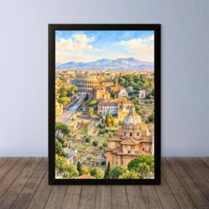Cornice Quadro Disegno Acquarello su Roma (Colosseo, Piazza di Spagna, Vaticano) – Arte [S4] 047