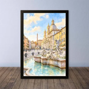 Cornice Quadro Disegno Acquarello su Roma (Colosseo, Piazza di Spagna, Vaticano) – Arte [S4] 048