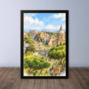 Cornice Quadro Disegno Acquarello su Roma (Colosseo, Piazza di Spagna, Vaticano) – Arte [S4] 051