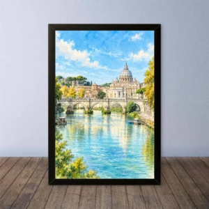 Cornice Quadro Disegno Acquarello su Roma (Colosseo, Piazza di Spagna, Vaticano) – Arte [S4] 060